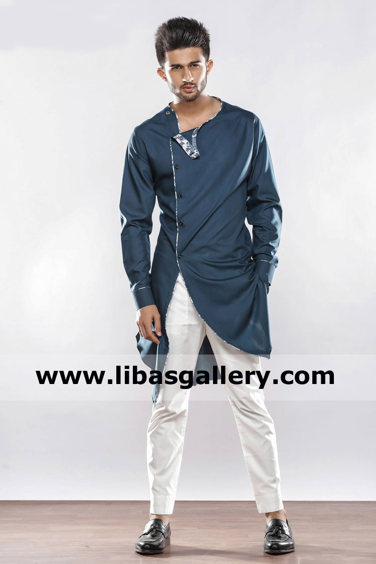 latest blue kurta angrakha style with white stylish pajama slim fit for gents to wear on eid and mehndi function friend wedding france germany saudi arabia