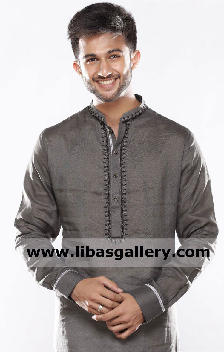 Gray kurta gents embroidered for eid and jumma prayer in small medium large and XL size order online uk usa dubai