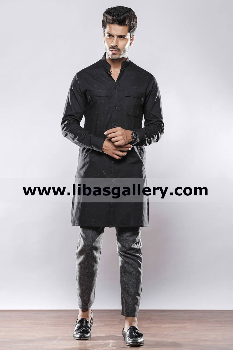 stylish black kurta pajama embroidered for party occasion and mehndi night for slim and fat both type body male worldwide delivery fast for uae uk usa