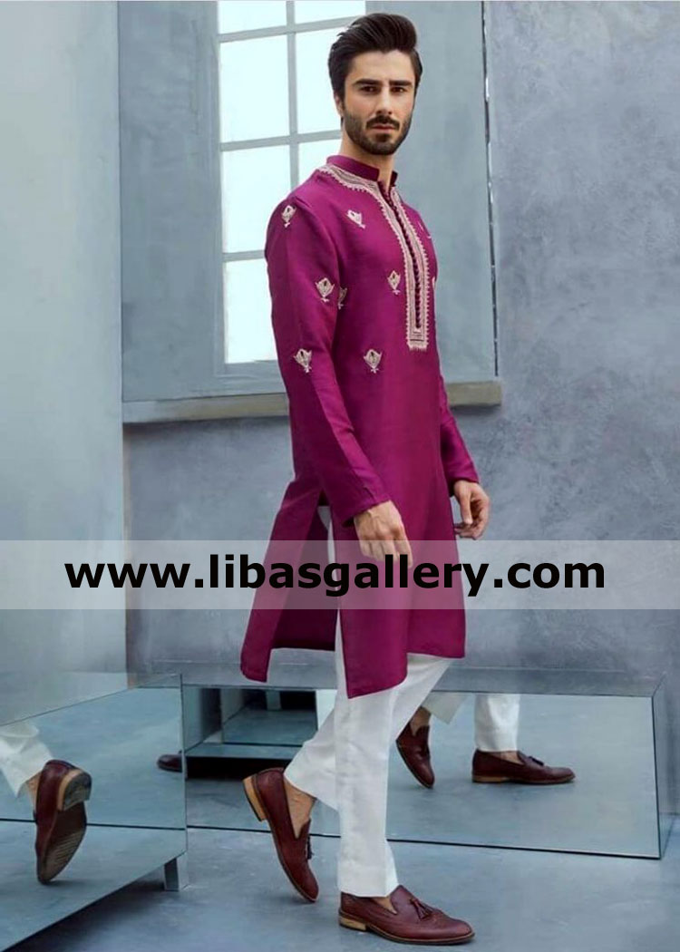 nabeel zuberi model wearing magenta embroidered gents kurta with white pajama slim fit and elegant suit for mehndi event Stockholm Gothenburg Sweden