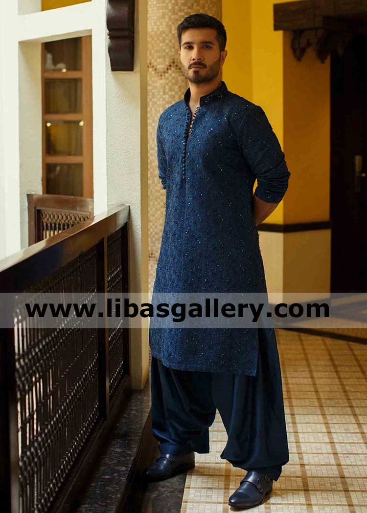 blue self color embroidery on karandi kurta for eid and friend wedding family events and enjoy relatives weddings programs in kurta flared shalwar uk usa canada dubai