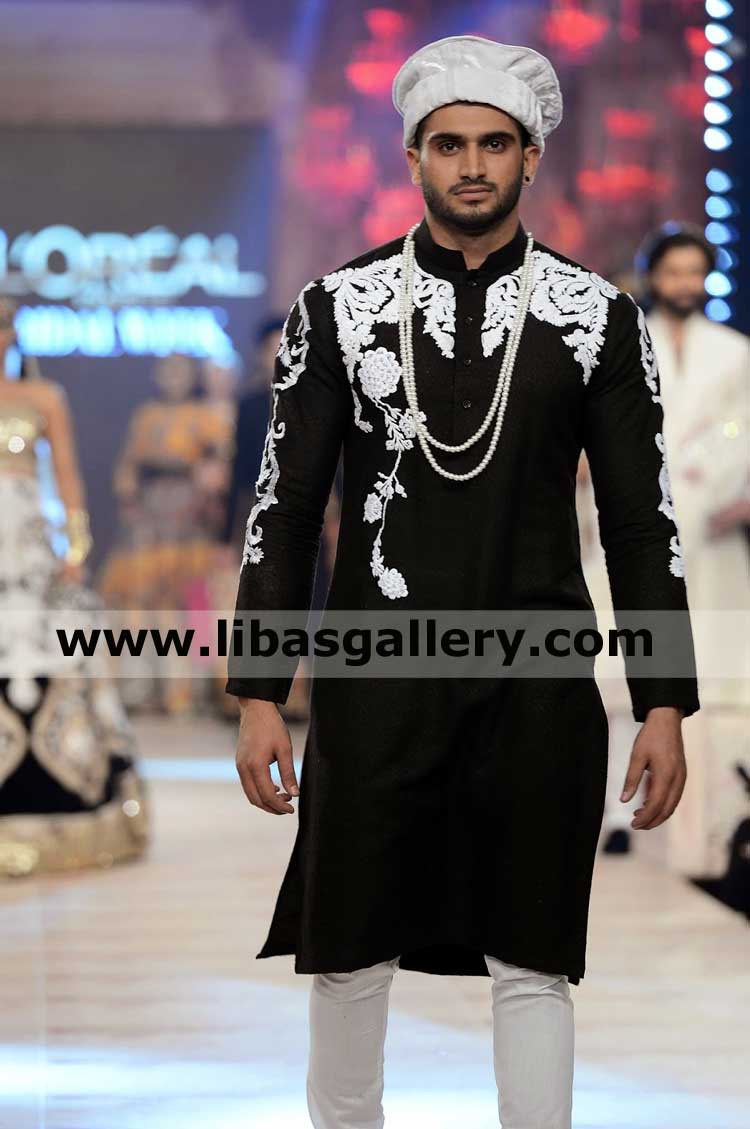 Jet Black Pakistani gents kurta white embroidery heavy cotton resham on front sleeves paired with white slim fit pajama uk usa dubai