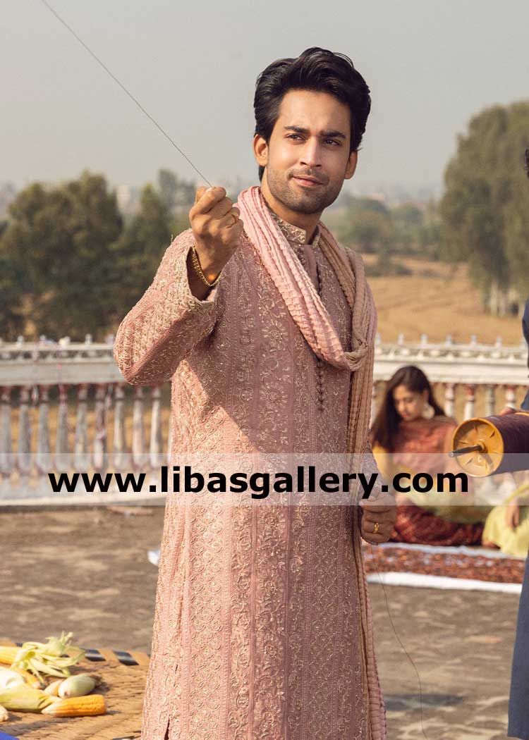 Floral and Geometric Pattern custom made Embroidered Dusty Pink basant Kurta Shalwar Ragheb Bilal Abbas patang baz sajna kite flyer dubai uk usa australia