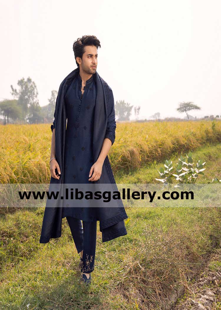 smart fit Black Embroidered booti man boys raw silk kurta faaz subtle embellishments to attend mehndi and friend wedding sangeet function uk usa canada dubai