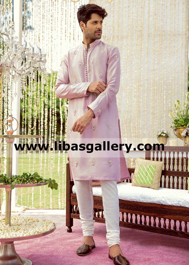 pink fuchsia designer embroidered kurta embellished motifs on front and sleeves compliment with white pajama london glasgow uk