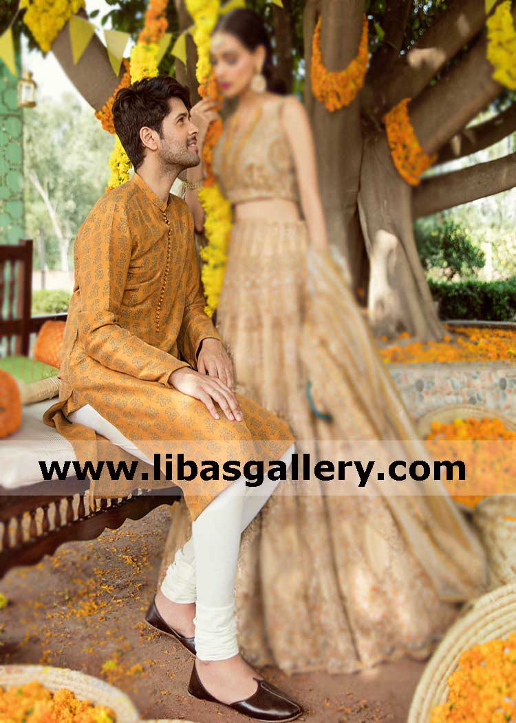state of the art block print marigold kurta for mehndi and occasion with loop fabric buttons in series paired with white pajama france saudi arabia america