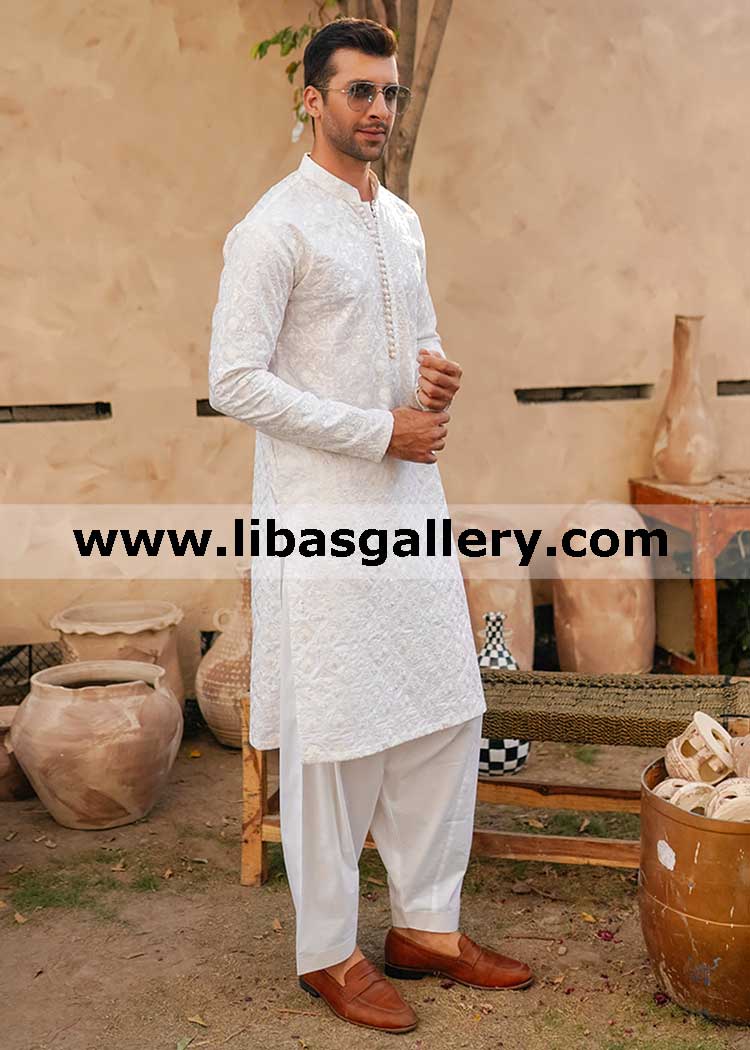 chikankari kurta white with black embroidery detail on neckline hidden button closure best for eid and friend wedding party qatar europe uk 
