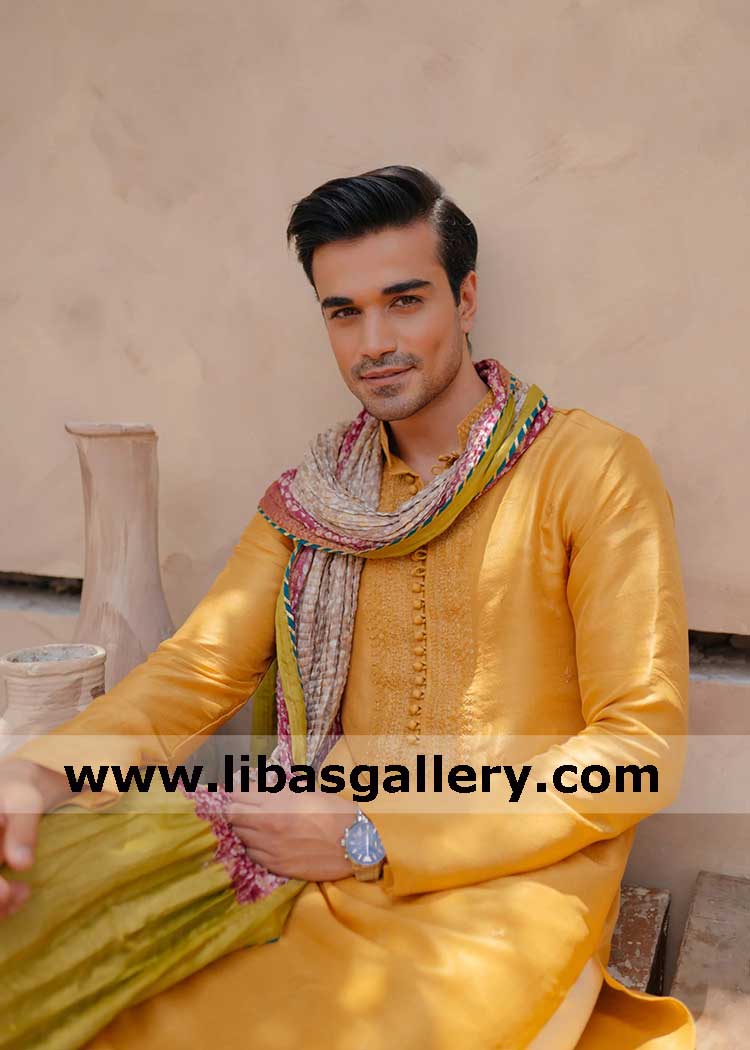 Mustard embroidered kurta in korean raw silk for men pearl beads loop buttons for mehndi mayoon haldi book order online for uk usa australia