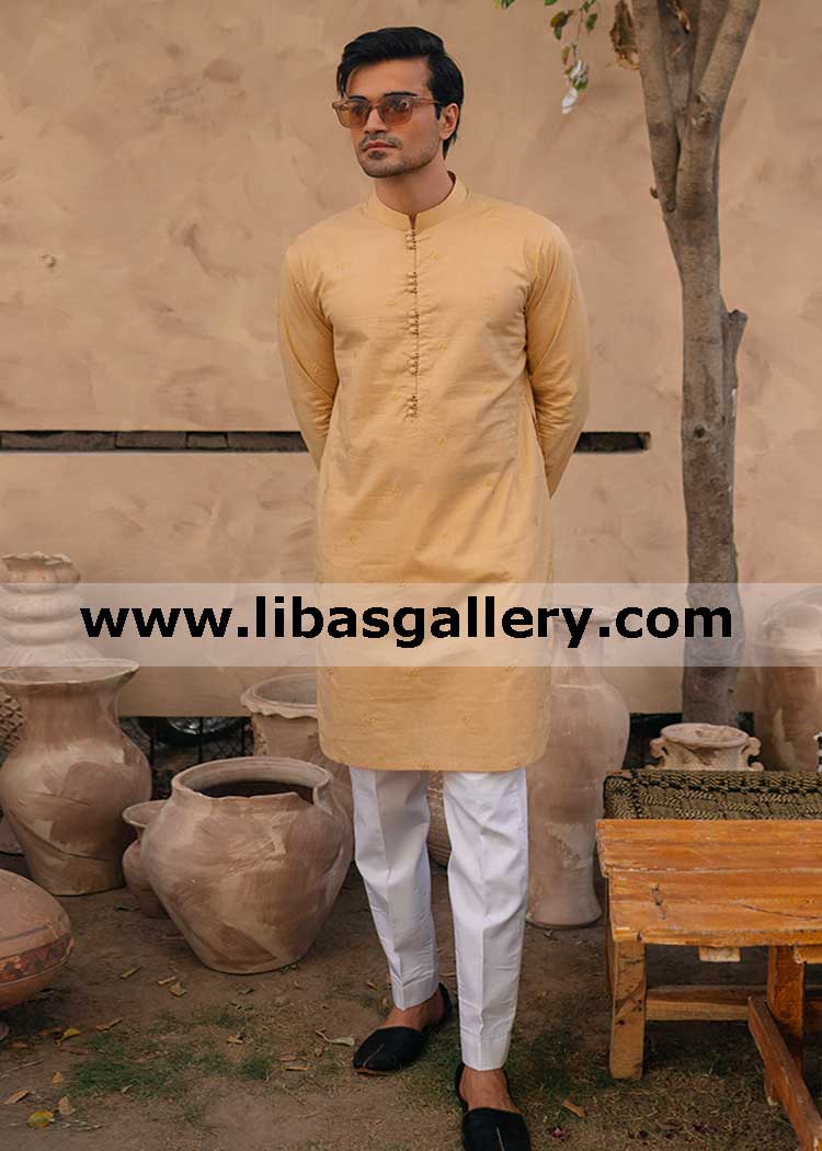 Croma yellow lawn wash n wear male kurta pajama suit small embroidered neem tree shape motifs with 3 fabric loop buttons pair uk usa canada