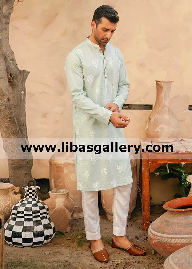 block print soft mint mens kurta for summer season inspired by turkish carnation stitch on custom measurements france united kingdom saudi arabia