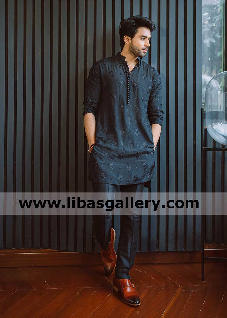 Signature Black mens kurta in pakistani raw silk flowers shape embroidery motifs and fabric loop buttons on front sleeves uk usa canada dubai