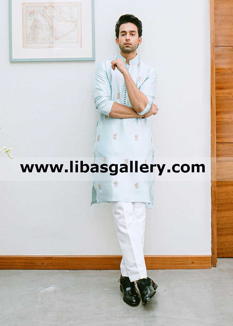 ice blue raw silk hand embellished kurta article bilal abbas khan showing small motifs front sleeves custom made kameez australia new zealand qatar