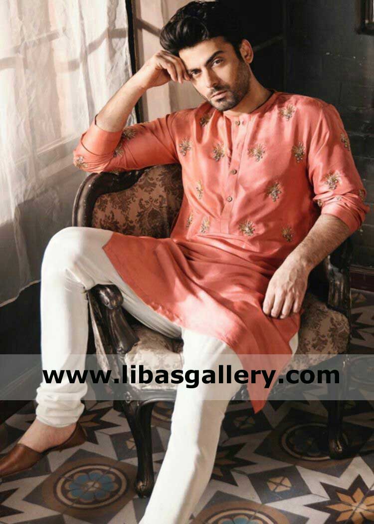 reddish orange raw silk embroidered motifs kurta for men paired with white pajama Malaysia Bangladesh Pakistan