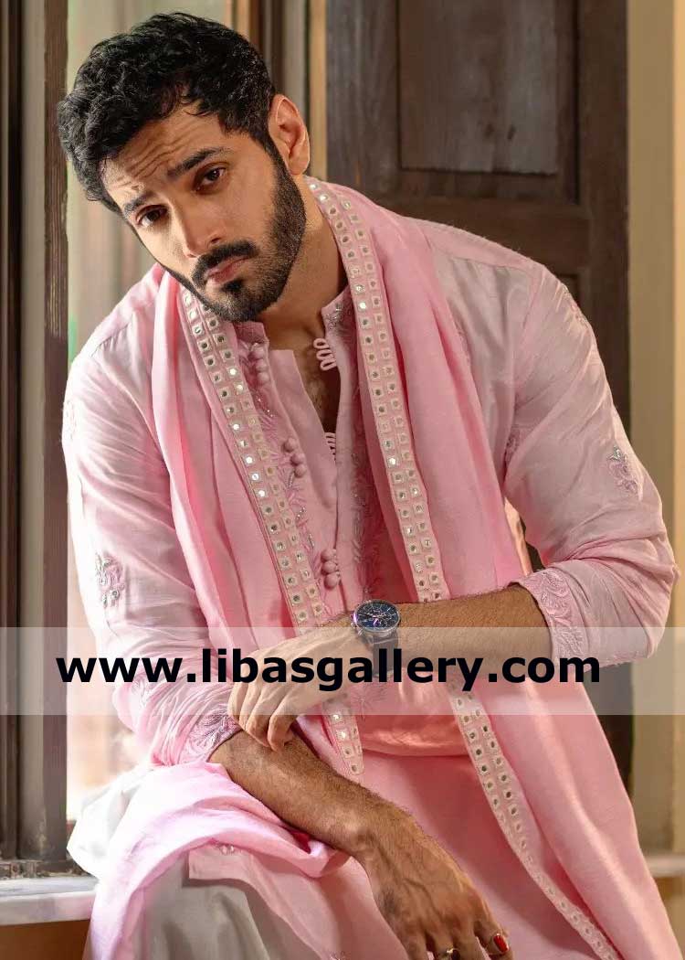 Rose pink Nawabi style embroidered hand embellished kurta Wahaj Ali presenting for Men Mehndi Event with Shawl Chichester Colchester Coventry UK