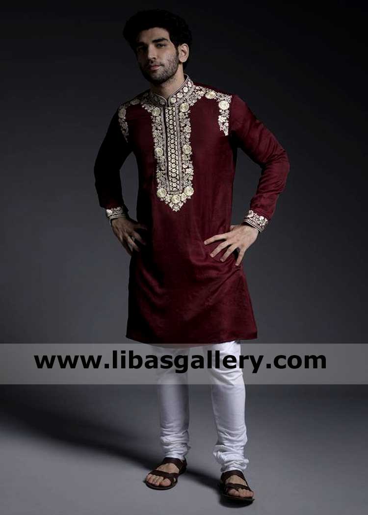 Red embroidered kurta in Raw silk for men to wear on special Occasion and Eid day with shalwar India Bangladesh USA