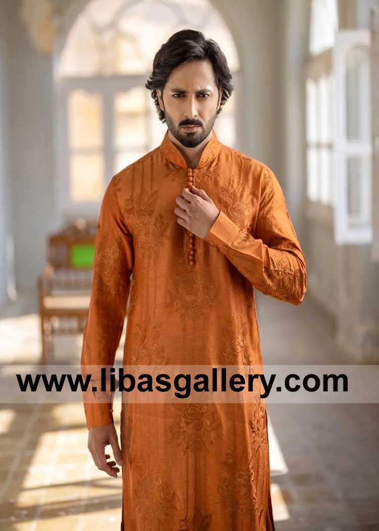 Rust Orange Nasheman Men Kurta combination of luxury and fine tuned embroidery paired with matching Trouser UK USA Canada Australia Dubai