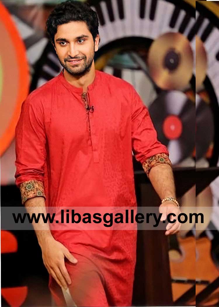 Ahad Raza Mir in beautiful Red Kurta with Embroidered Cuff compliment with white Stylish Straight Pajama Toronto Washington Dubai London Perth