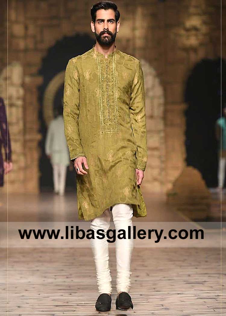 Yellow Sand Men beautiful Embroidered Bespoke Kurta with loop buttons London,Birmingham,Liverpool UKpaired with white churidar pajama 