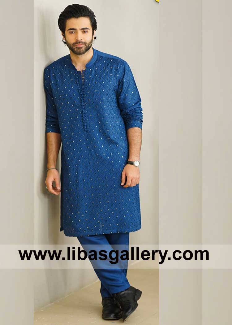 Blue Embroidered Men Festive kurta Sheheryar Munawar Showing with matching Trouser to look eye catching in Occasion and Events UK USA Canada
