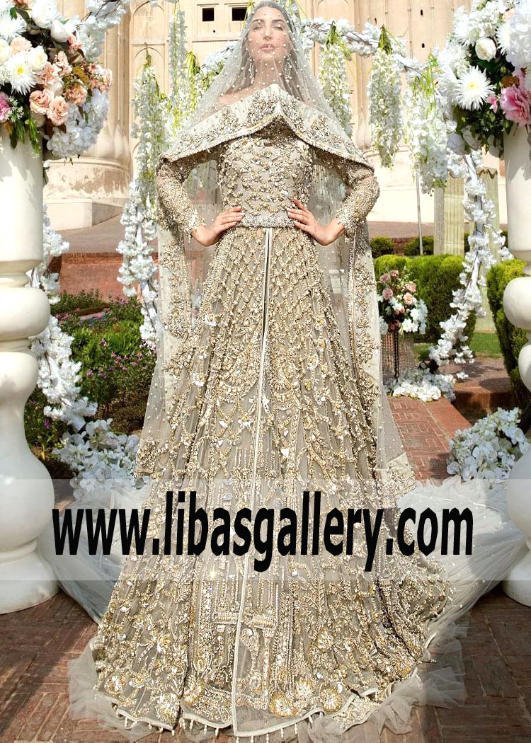 Erum Khan Wedding Anarkali | LONG SLEEVE OFF THE SHOULDER EMBELLISHED TULLE WEDDING DRESS | Sale online Seattle Washington USA