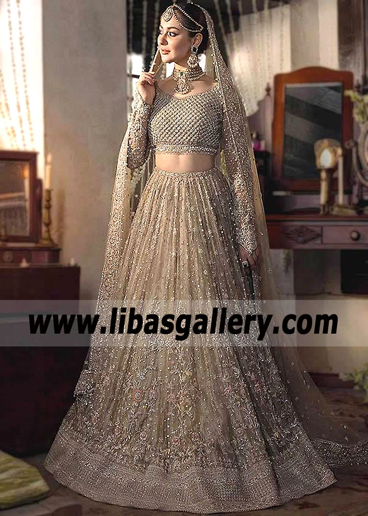 Pakistani Bridal Lehenga for Walima Faiza Saqlain Lehenga with Exquisite Embellishments UK USA Canada Australia