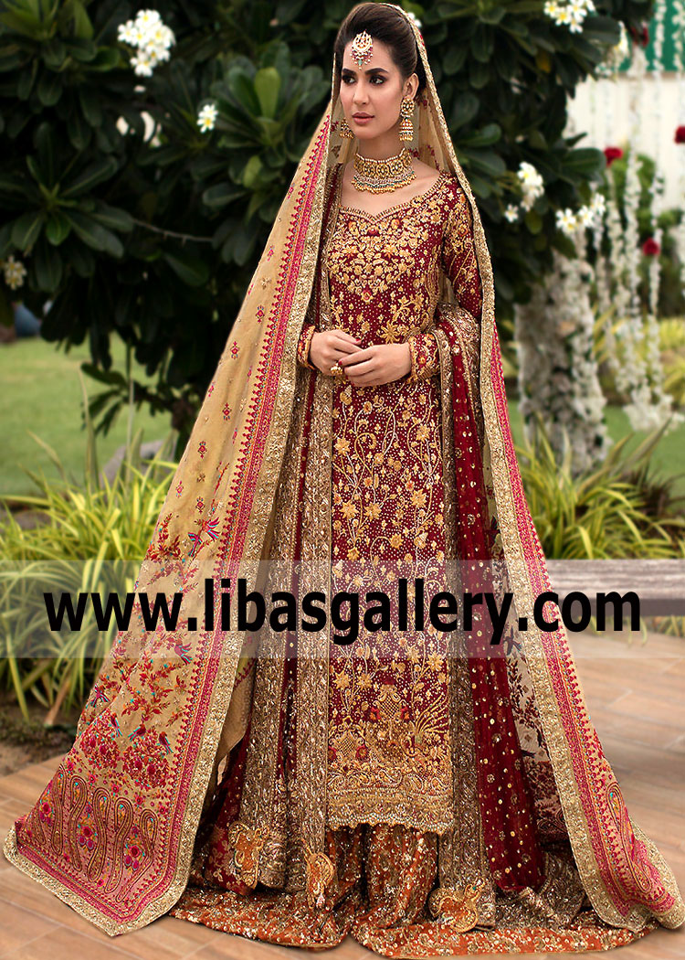 Dark Burgundy Wedding Lehenga Flushing New York USA Farah talib Aziz Pakistani Wedding Lehenga