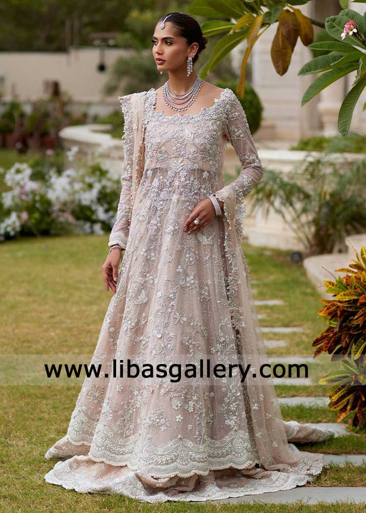 Pale Pink Kalidar Bridal Jamawar Lehenga Dress for Wedding with Zardozi Cut dana Resham hand embellishment Floral Appliques UK USA Canada Australia