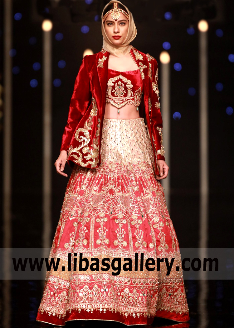 Chic Bridal Lehenga Choli San Francisco Mohsin Naveed Ranjha Blazer Top with Bridal Lehenga Choli