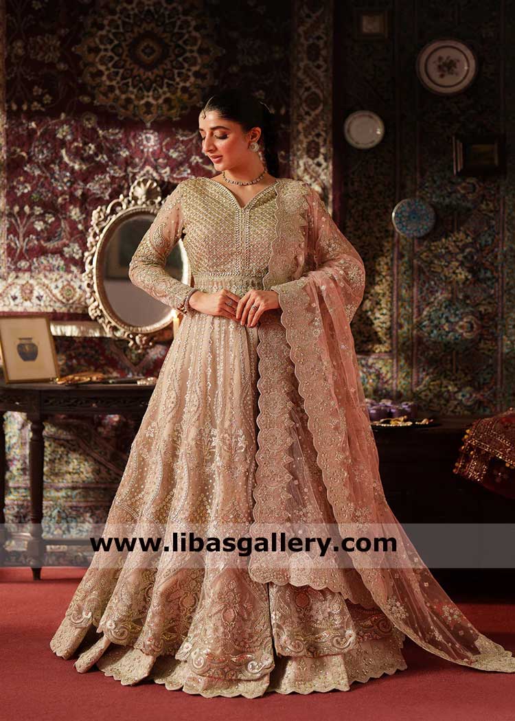 Maxi Lehenga Dress in Mauve Pink Hue for women with heavily embroidered panels Chicago Alberta Liverpool Dubai