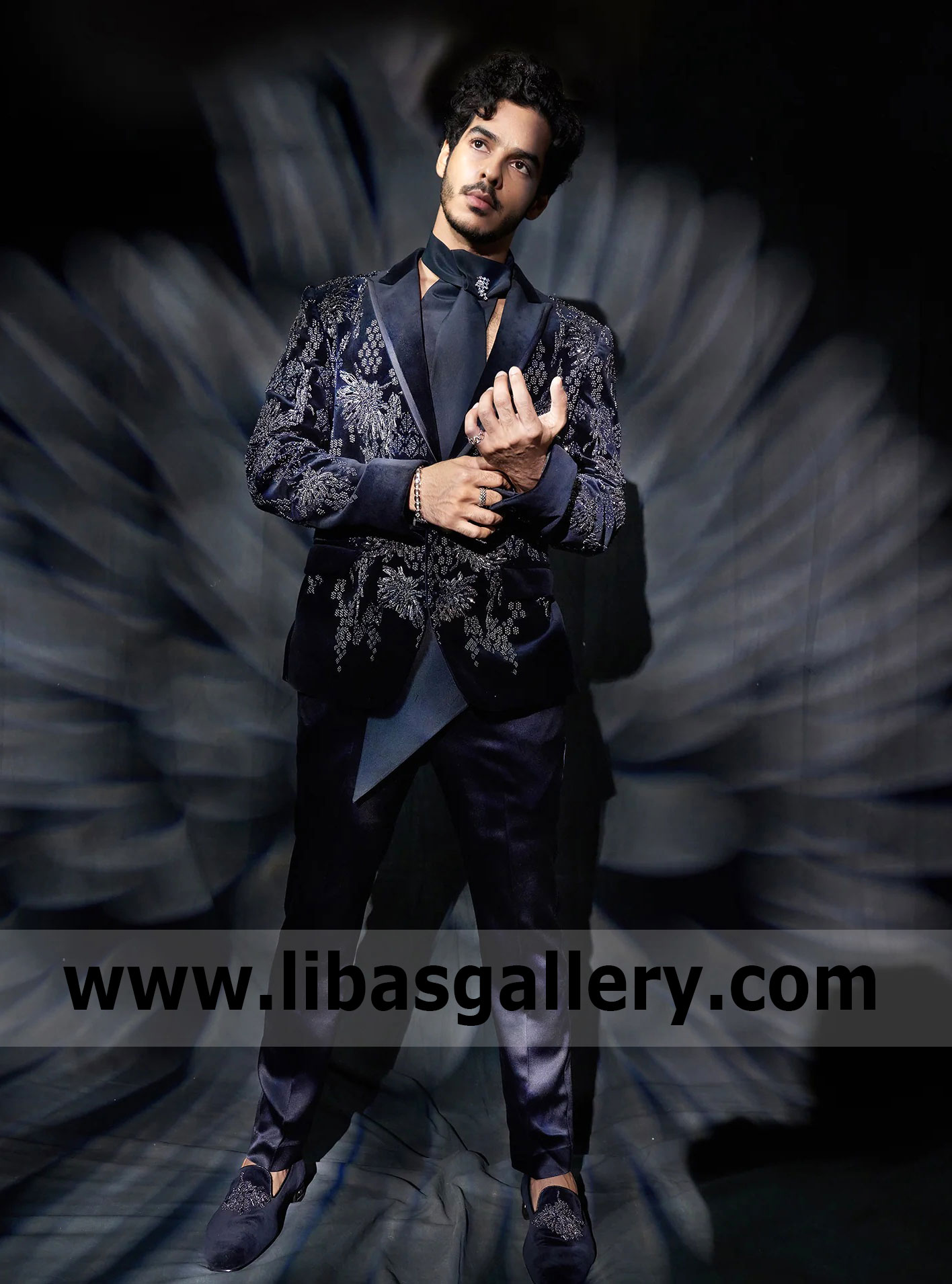 Navy Silk Velvet Bead Embellished Tuxedo Set wedding collection Navy Silk Velvet Bead Embellished Tuxedo Set wedding collection