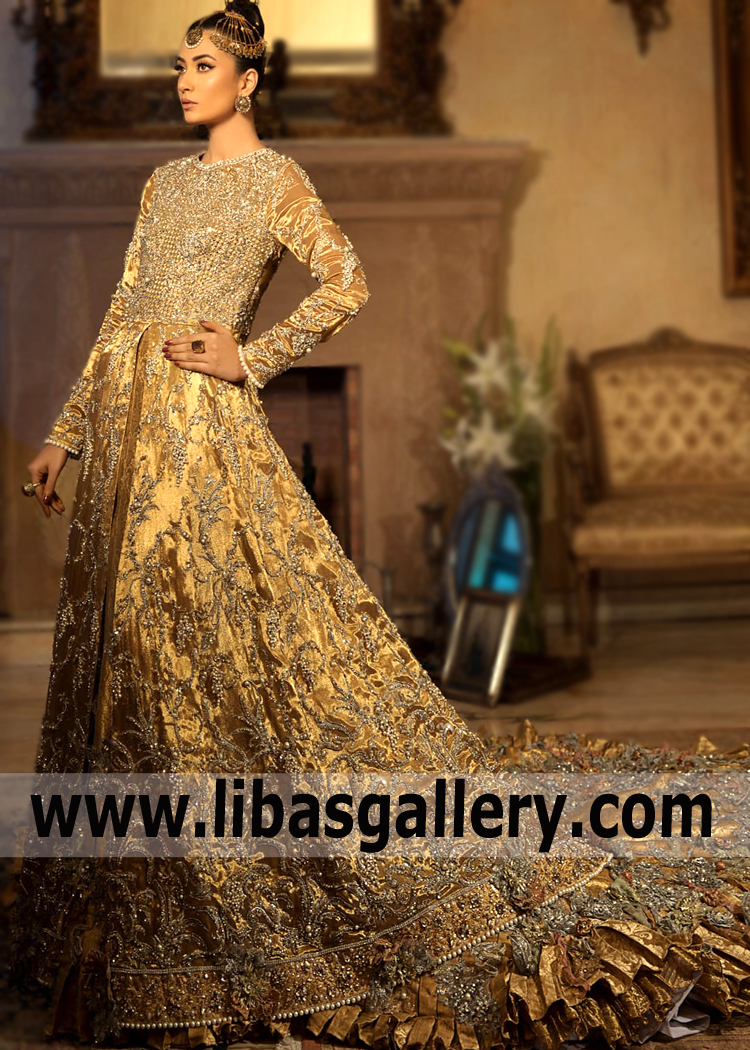 Pakistani Designer Nilofer Shahid Wedding Dresses USA Bolingbrook Illinois Gold Wedding Dresses