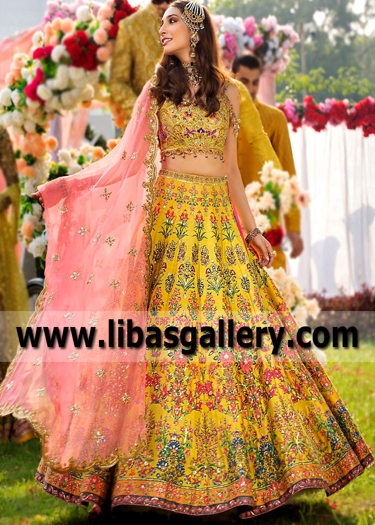 Yellow Bridal Lehenga Newark New Jersey USA Designer Nomi Ansari Bridal Lehenga