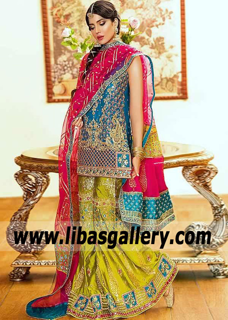 Bridal Wear Sharara for Mehendi Ceremony USA Sacramento California CA Asifa Nabeel Bridal Sharara Dresses