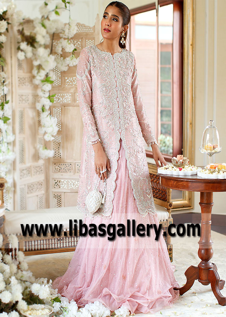 Pakistani Formal Dresses with Long Jacket Farah Talib Aziz Embellished Jacket Lehenga Suits