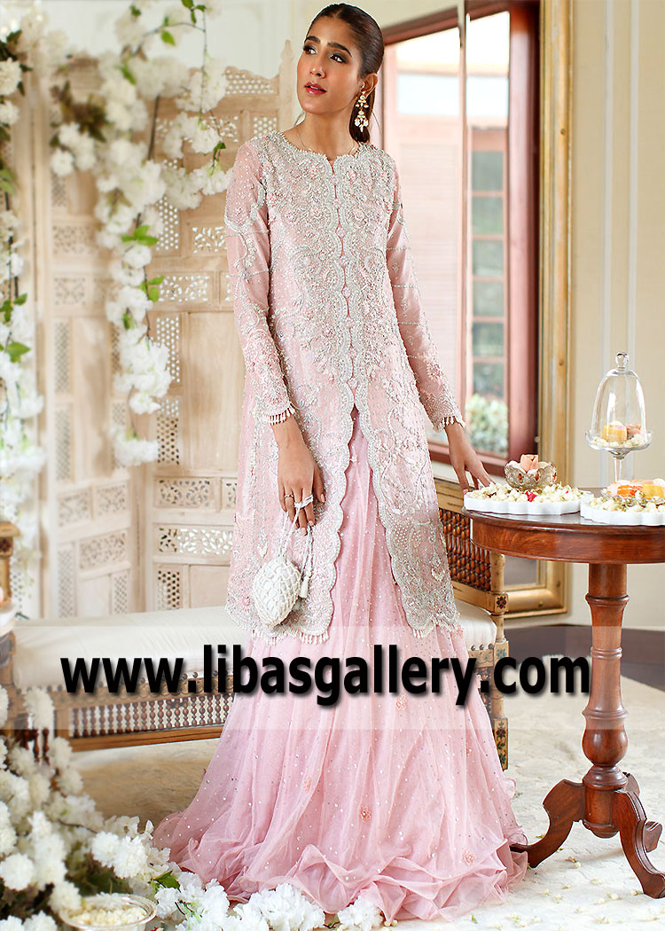 Pakistani Formal Dresses with Long Jacket Farah Talib Aziz Embellished Jacket Lehenga Suits Pakistani Formal Dresses with Long Jacket Farah Talib Aziz Embellished Jacket Lehenga Suits