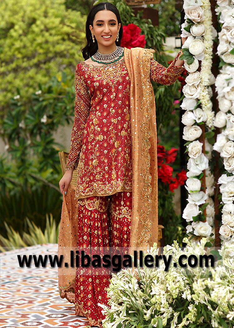 Pakistani Bridal Dress Dubai, United Arab Emirates Traditional Red Gold Gharara Style Pakistani Bridal Dress Dubai, United Arab Emirates Traditional Red Gold Gharara Style