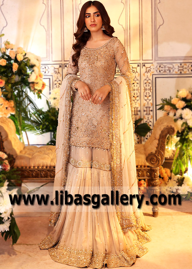 Latest Nikah Dress Champagne Pink Nikah Dresses for Bride Gharara for Nikah Latest Nikah Dress Champagne Pink Nikah Dresses for Bride Gharara for Nikah