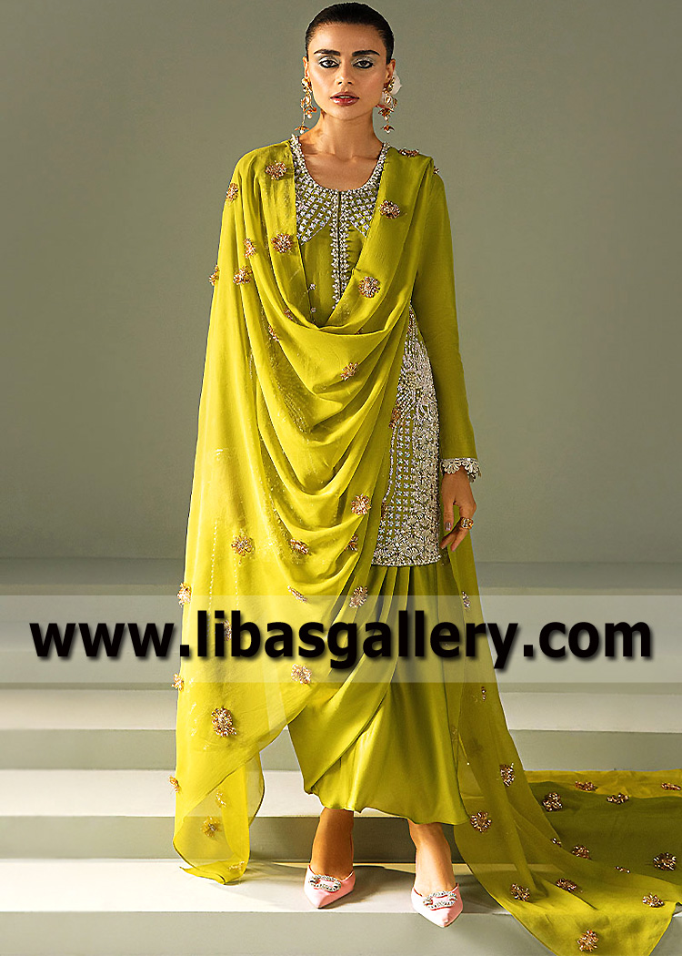 Pakistani Party Dresses for Bride Sister Hollis New York USA Mid Length Shirt & Draped Skirt for Wedding Event