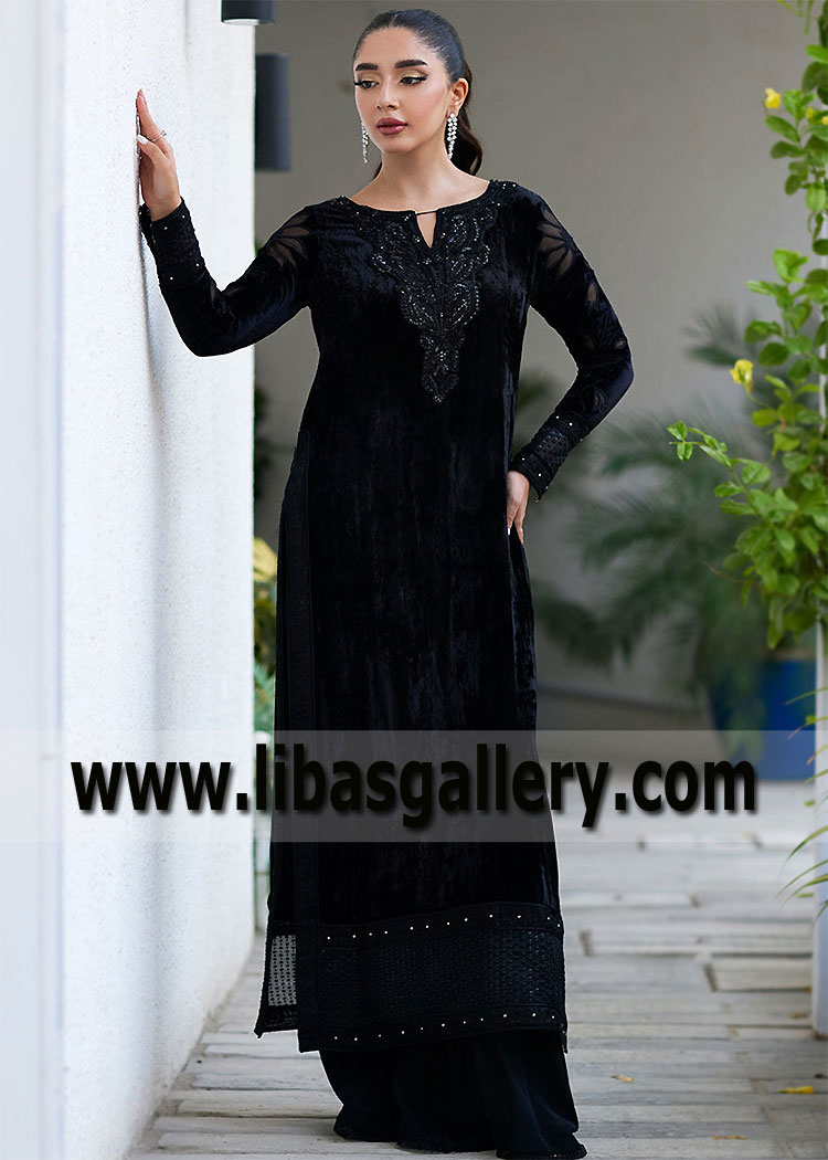 Pakistani Designer Velvet Dresses 2023 Party Wear in ebony, charcoal, onyx, jet black, licorice Pakistani Designer Velvet Dresses 2023 Party Wear in ebony, charcoal, onyx, jet black, licorice