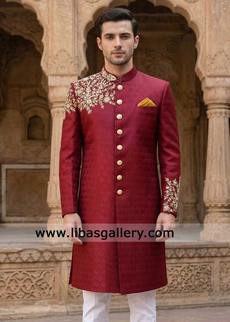 Red embroidered Groom Sherwani with Gold Floral hand work | Luxury Wedding Wear