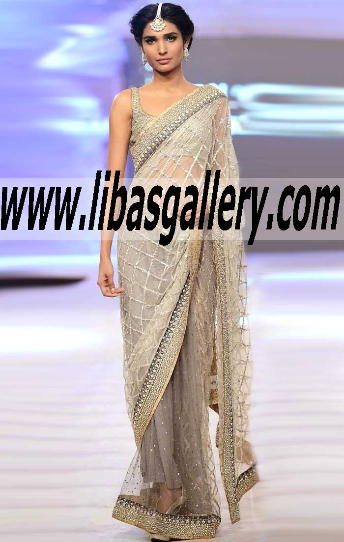 Pakistani Sarees Designer Nida Azwer PFDC Saree Holland Netherland Chiffon Sarees Collection for wedding