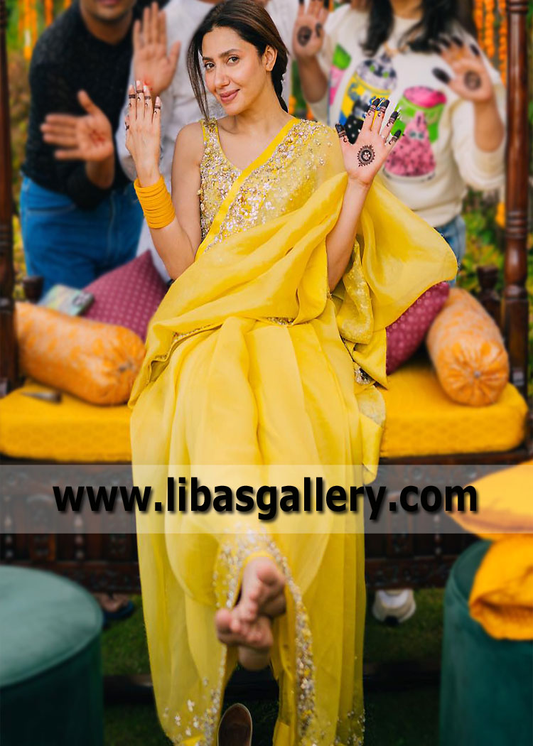Mahira Khan Radiates Regal Charm In A Maximum Yellow Saree Embellished Saree for Her Mayon Mehendi Ceremony