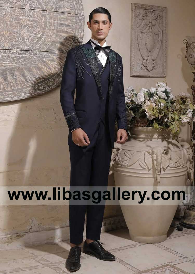 Deep Navy Blue Italian Tuxedo with Embellished Shoulders and Cuffs to celebrate unforgettable moments of Waleema Wedding Chicago Perth Toronto
