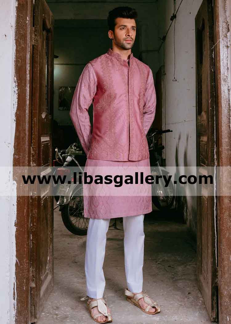 Man sleeveless pink embroidered jacket vest for mehndi party event wear with matching kurta pajama pay online from South Africa Asia Europe America