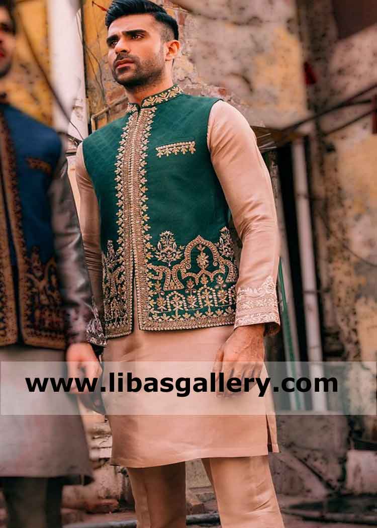 Green Jamawar Gents Embroidered Wedding jacket sleeveless tilla embroidery on front and collar slim regular fit waistcoat london birmingham uk 