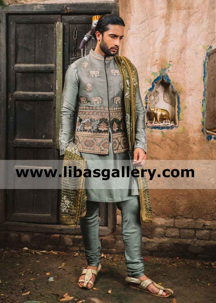 Raw silk green waistcoat design for groom dulha nikah walima loving moments best suit to sit with bride on stage dubai abu dhabi sharjah uae