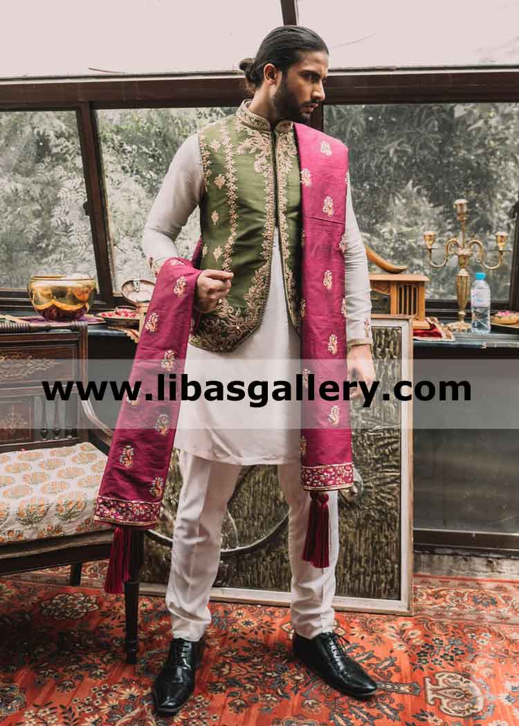 Half open gents new cuts waistcoat vest for mehndi and special occasion embroidery on collar and front worldwide delivery Liverpool Nottingham UK