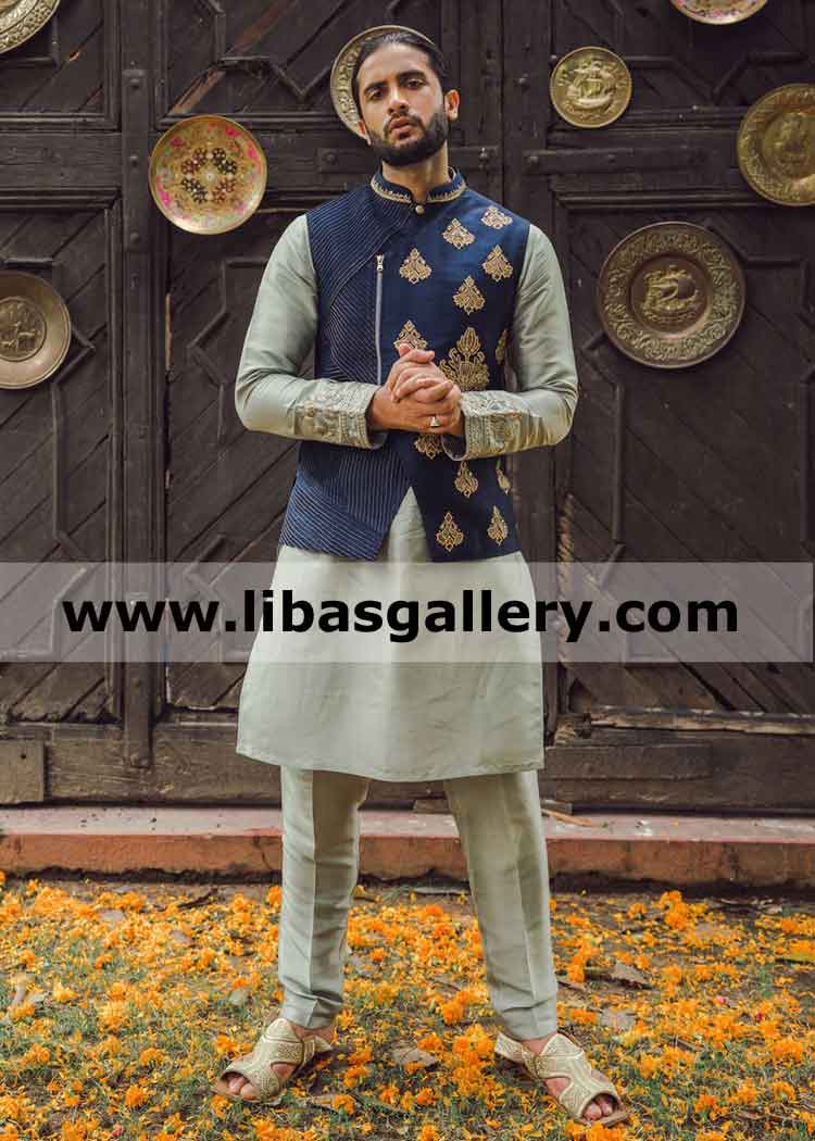 Angrakha style blue embroidered gents wedding waistcoat for mehndi friend wedding and formal event gathering Calgary Edmonton Canada