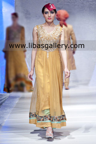 Deepak Perwani Anarkali Yellow Dress Deepak Perwani Embroidered Yellow Frock UK USA Canada Dubai Australia