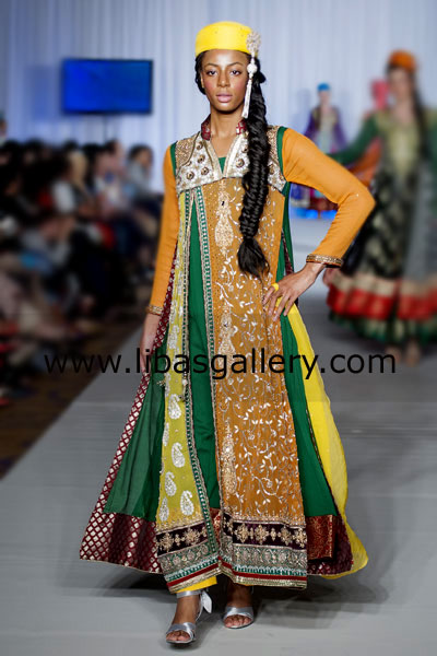 Buy Online Waseem Noor Beautiful Wedding Mehendi Anarkali Frock with Heavy Work Showcased At Hilton Hotel in London, Pakistan Fashion Week 5 by Riwayat London Newcastle UK